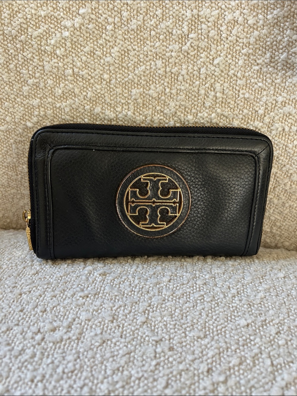 Tory Burch Black Leather Zip-Around Wallet with Gold Emblem